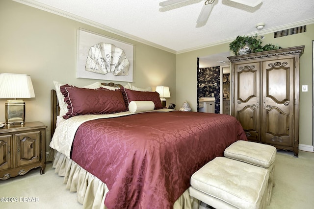 2425 S Atlantic Ave Unit 1403, Daytona Beach, FL 32118 - bedroom with light carpet, crown molding, a ceiling fan, and a textured ceiling