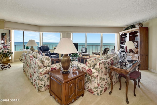 carpeted living room featuring a water view and a textured ceiling