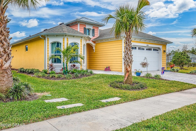 view of front facade with a front lawn and a garage