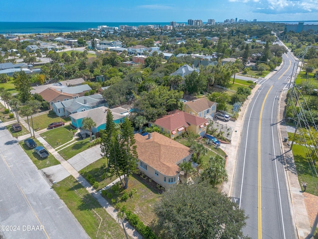 bird's eye view with a water view