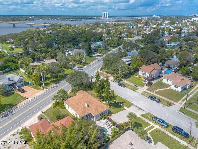 drone / aerial view with a water view