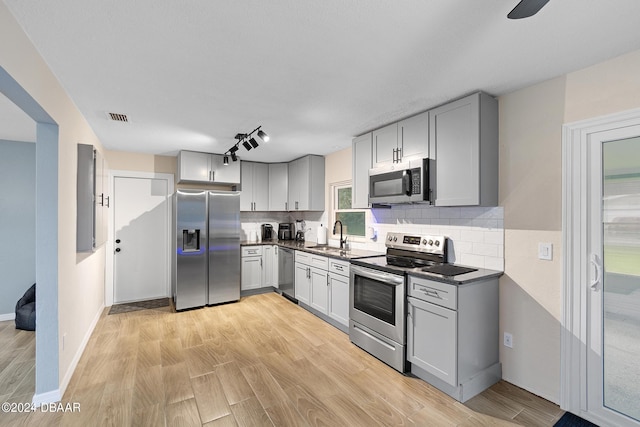 kitchen with sink, gray cabinetry, backsplash, stainless steel appliances, and light hardwood / wood-style floors