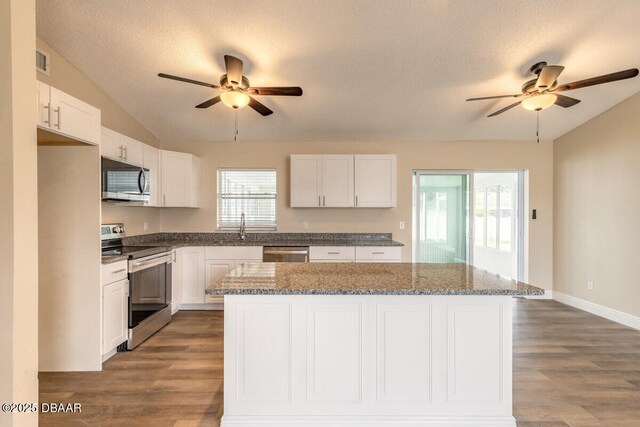 2721 Royal Palm Dr, Edgewater, FL 32141 - kitchen with stainless steel appliances, a ceiling fan, wood finished floors, lofted ceiling, and white cabinets