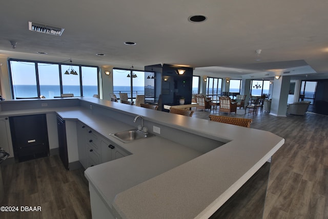 kitchen with a water view, sink, and dark wood-type flooring