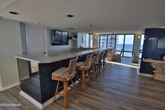 bar with dark wood-type flooring and a water view