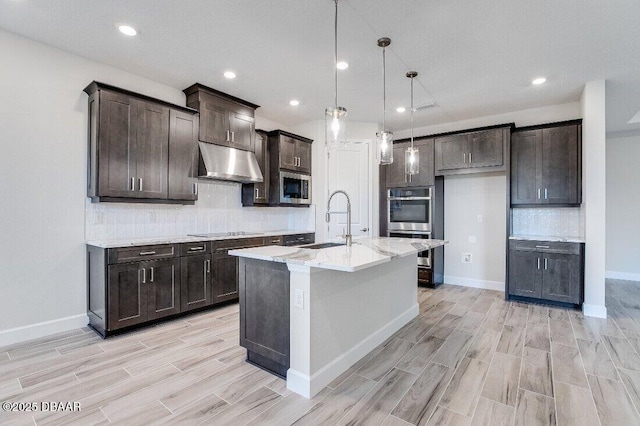 kitchen with sink, a kitchen island with sink, backsplash, stainless steel appliances, and decorative light fixtures