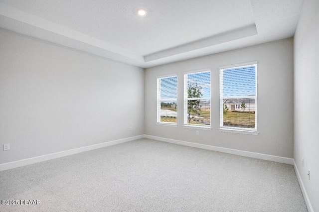 carpeted empty room featuring a tray ceiling