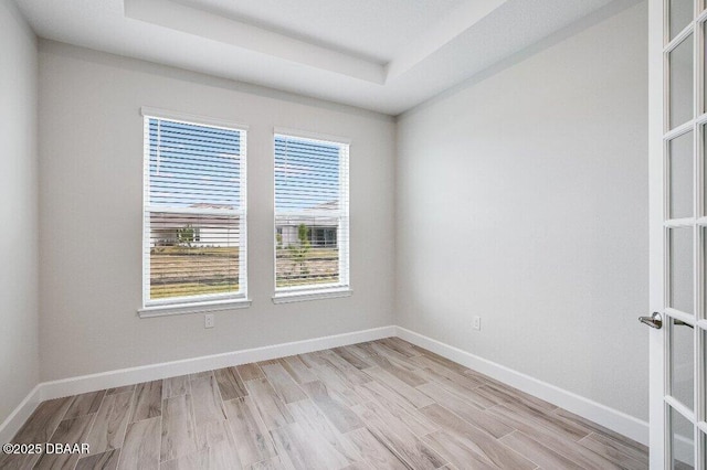 empty room with a raised ceiling and light wood-type flooring