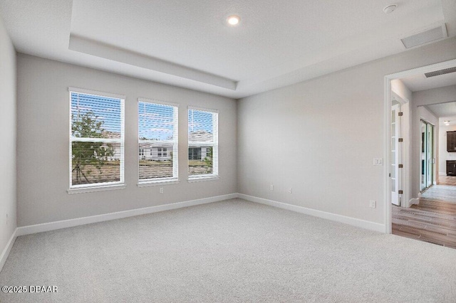 empty room with carpet flooring and a tray ceiling