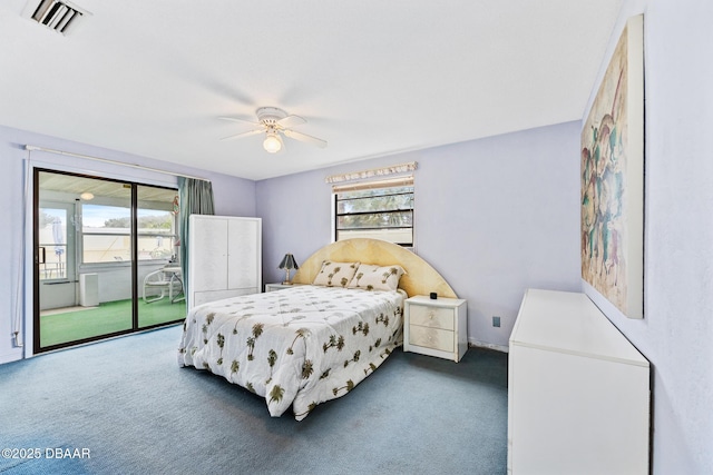 bedroom featuring ceiling fan, carpet floors, and access to outside