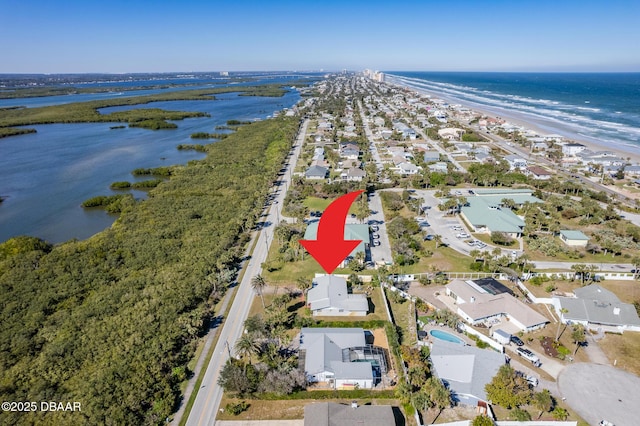 aerial view featuring a beach view and a water view