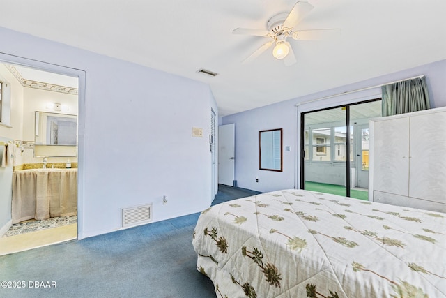 carpeted bedroom featuring ceiling fan, access to exterior, and connected bathroom