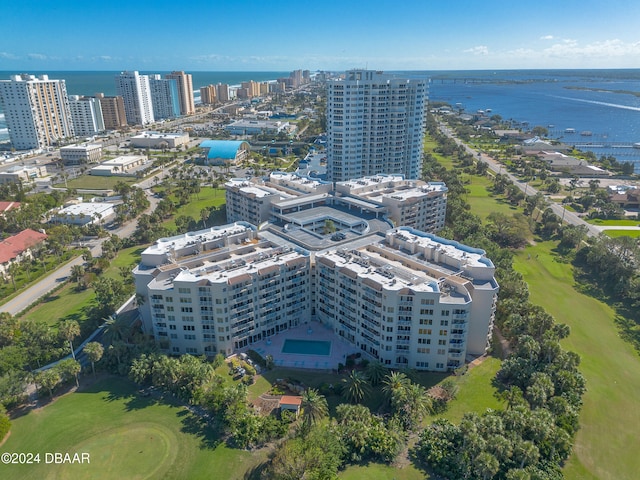 birds eye view of property featuring a water view