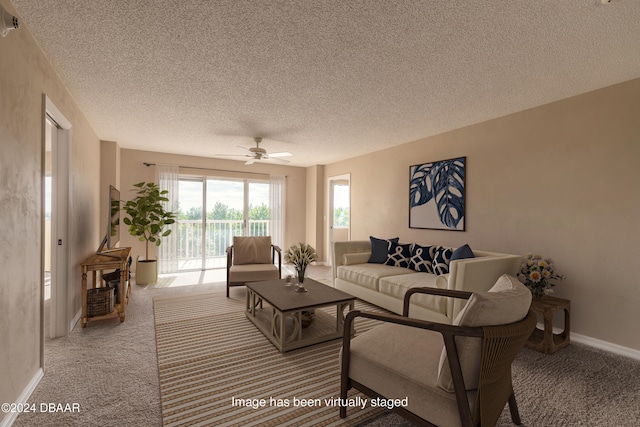 living room with light carpet, a textured ceiling, and ceiling fan