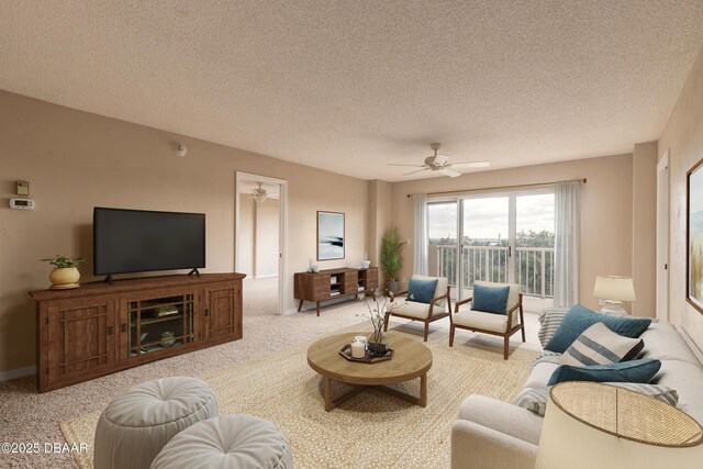 living area with carpet, a ceiling fan, and a textured ceiling