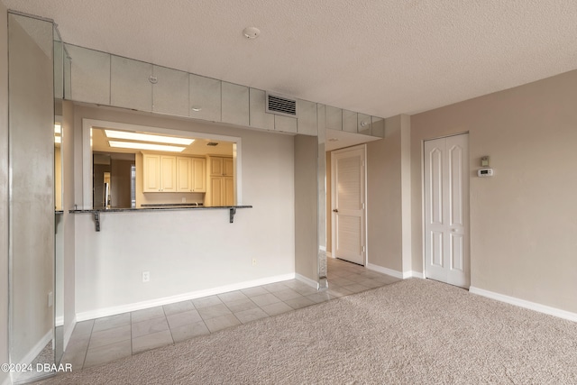 unfurnished living room with light colored carpet and a textured ceiling