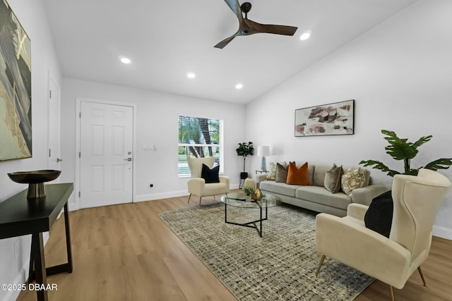 969 Commerce Rd SE Se, Unit Se, Palm Bay, FL 32909 - living room featuring light wood-style floors, ceiling fan, lofted ceiling, and recessed lighting