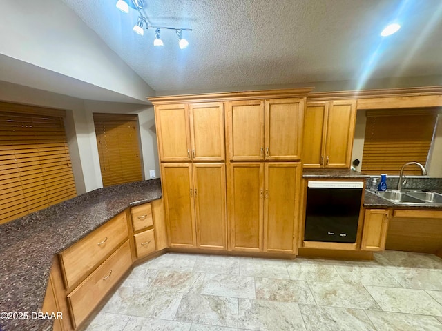 528 Crooked Stick Dr, Daytona Beach, FL 32114 - kitchen with black dishwasher, a textured ceiling, vaulted ceiling, dark stone countertops, and brown cabinetry