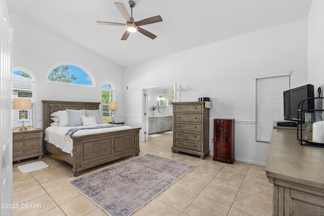 tiled bedroom featuring connected bathroom, high vaulted ceiling, and ceiling fan