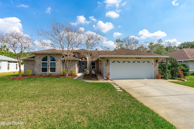 single story home featuring a garage and a front yard