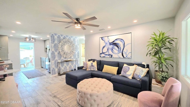 70 Ocean Shore Dr, Ormond Beach, FL 32176 - living room featuring recessed lighting, ceiling fan, and light wood finished floors