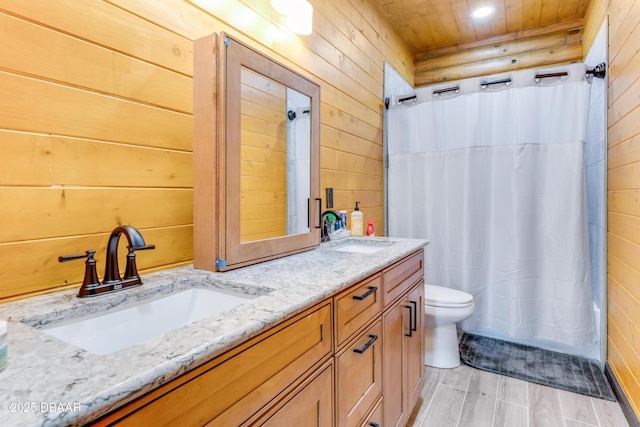 full bathroom featuring double vanity, wooden ceiling, a sink, and toilet