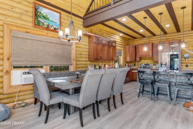 dining area featuring recessed lighting, beamed ceiling, a towering ceiling, and light wood finished floors