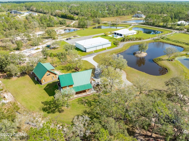 birds eye view of property featuring a water view and a forest view