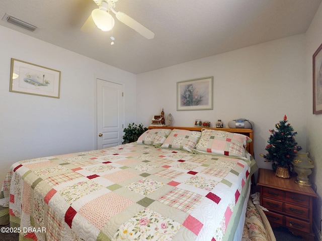 bedroom with ceiling fan and visible vents