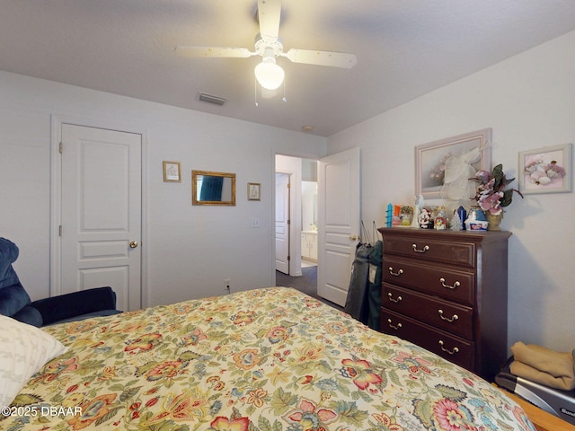 bedroom with visible vents and a ceiling fan