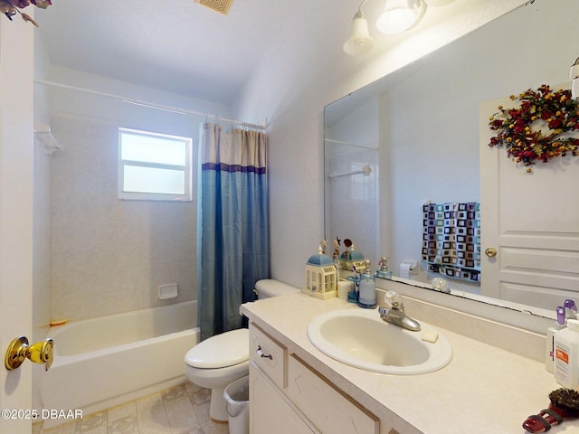 full bathroom featuring toilet, shower / tub combo, vanity, and visible vents