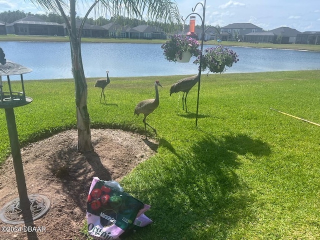 surrounding community featuring a water view and a lawn