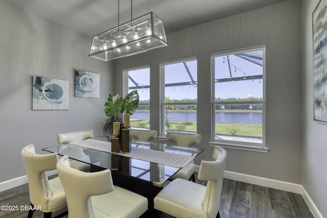 dining area with a water view and dark hardwood / wood-style floors