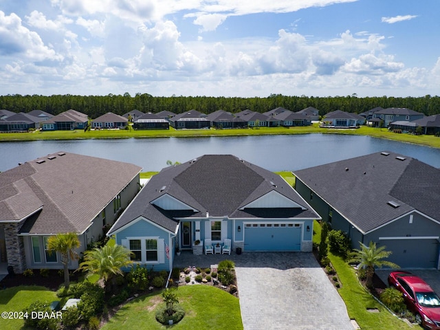 aerial view featuring a water view