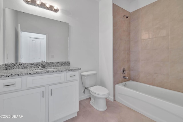 full bathroom with toilet, washtub / shower combination, vanity, tile patterned flooring, and baseboards