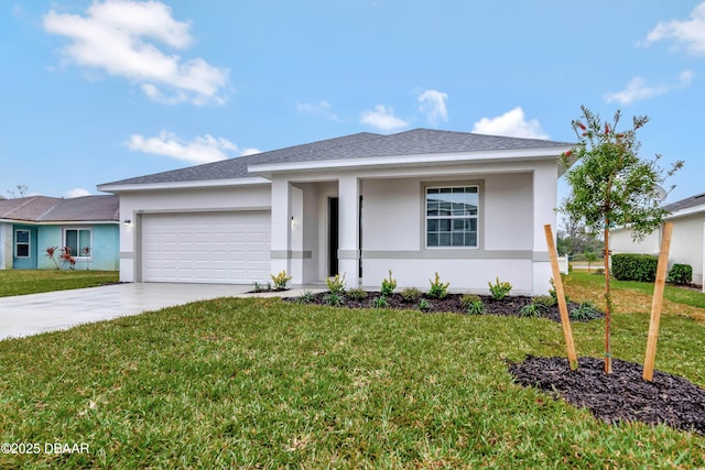 view of front of house with stucco siding, a shingled roof, concrete driveway, an attached garage, and a front lawn