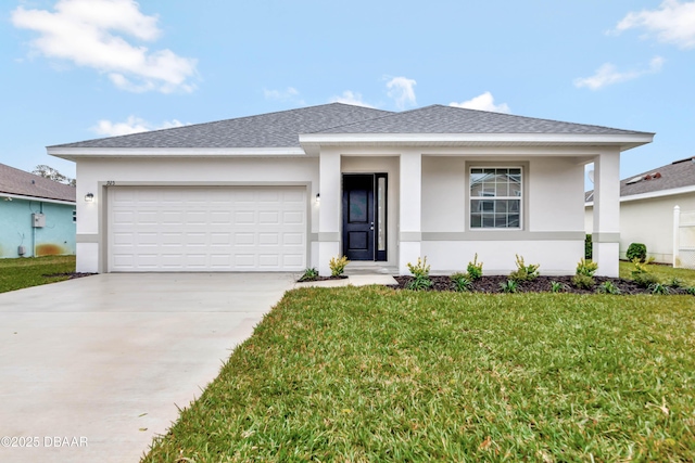 925 Magnolia Ave, Holly Hill, FL 32117 - view of front of house featuring a garage, a shingled roof, driveway, stucco siding, and a front yard