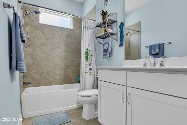 full bathroom featuring shower / tub combo with curtain, vanity, toilet, and tile patterned floors