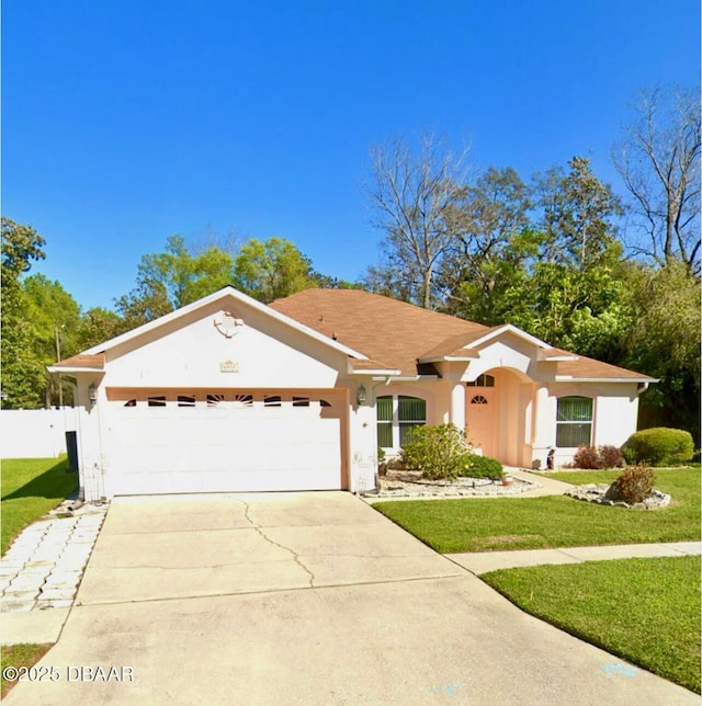 6037 Hickory Grove Ln, Port Orange, FL 32128 - view of front of home featuring stucco siding, an attached garage, and driveway