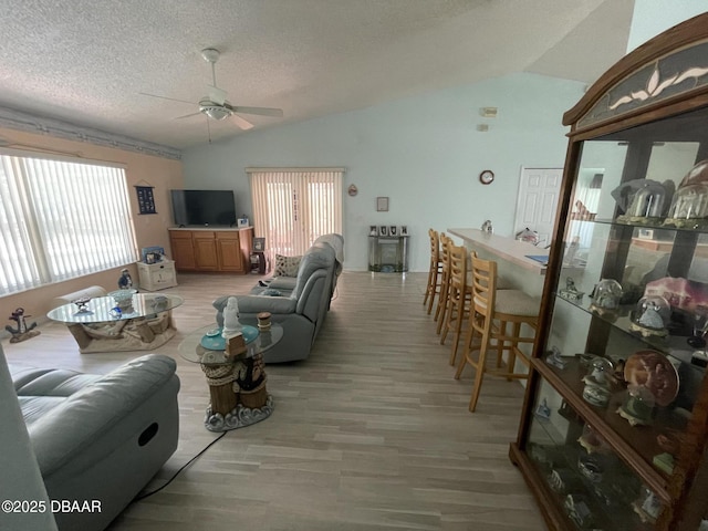 6037 Hickory Grove Ln, Port Orange, FL 32128 - living room featuring lofted ceiling, ceiling fan, plenty of natural light, a textured ceiling, and light wood-style flooring