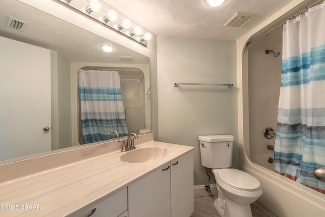 full bath with visible vents, shower / bath combination with curtain, toilet, and vanity