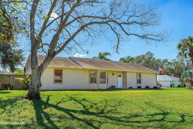 single story home with fence, a front lawn, and stucco siding