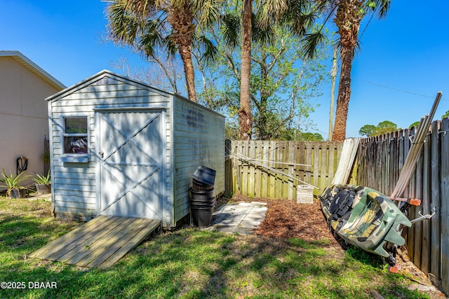 view of shed with a fenced backyard