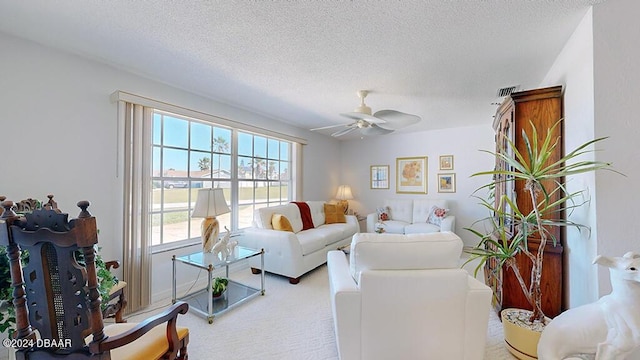 24 Seabridge Dr, Ormond Beach, FL 32176 - living room featuring light colored carpet, healthy amount of natural light, a textured ceiling, and a ceiling fan