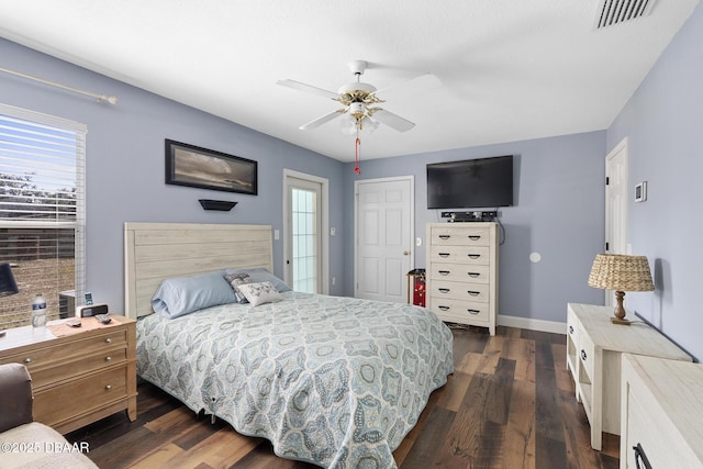 bedroom featuring ceiling fan, dark hardwood / wood-style flooring, and a closet