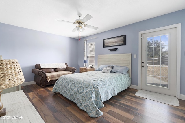 bedroom with ceiling fan and dark hardwood / wood-style flooring