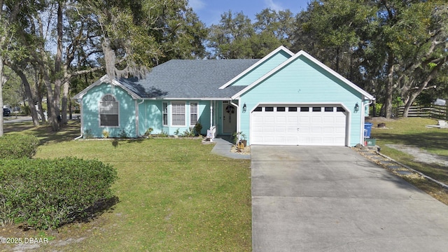 ranch-style home featuring a garage and a front lawn