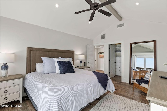 bedroom featuring recessed lighting, visible vents, wood finished floors, and vaulted ceiling with beams