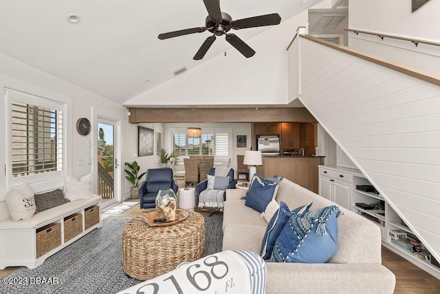 living area with wood finished floors, high vaulted ceiling, visible vents, recessed lighting, and ceiling fan