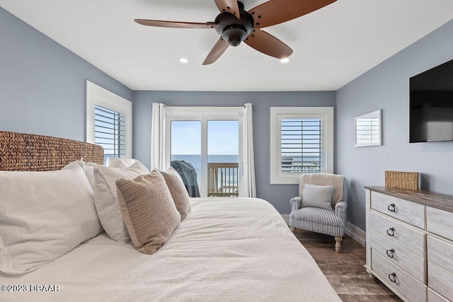 bedroom featuring access to exterior, dark wood finished floors, baseboards, ceiling fan, and recessed lighting